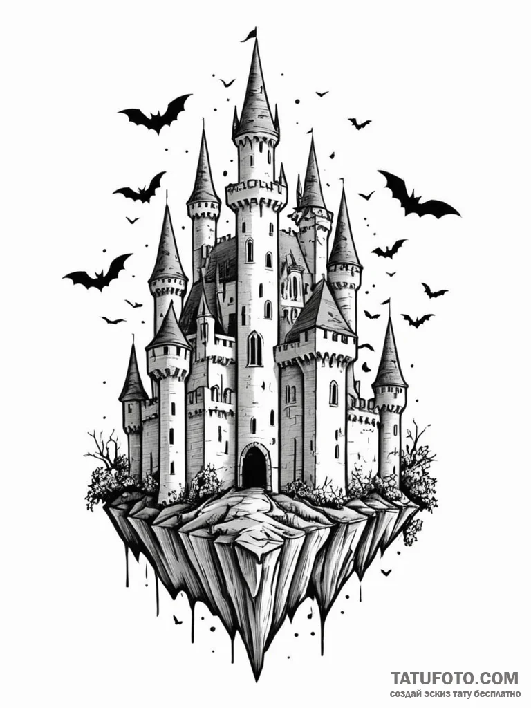 Castle crumbling into a flock of bats, artist... - эскиз тату (№1751595043_0, 04.07.2025 02:10) — Tatufoto.com