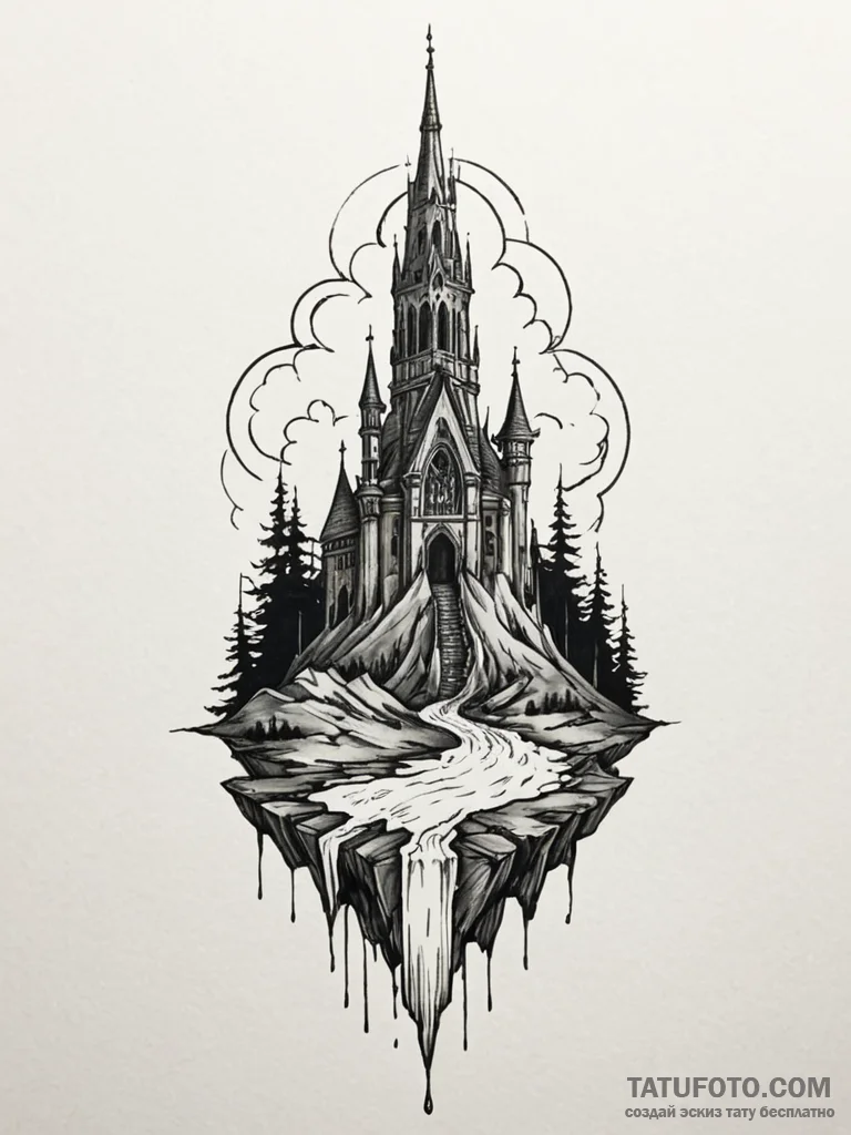 Ghost relic beneath spectral spire, artistic... - эскиз тату (№1751595469_0, 04.07.2025 02:17) — Tatufoto.com