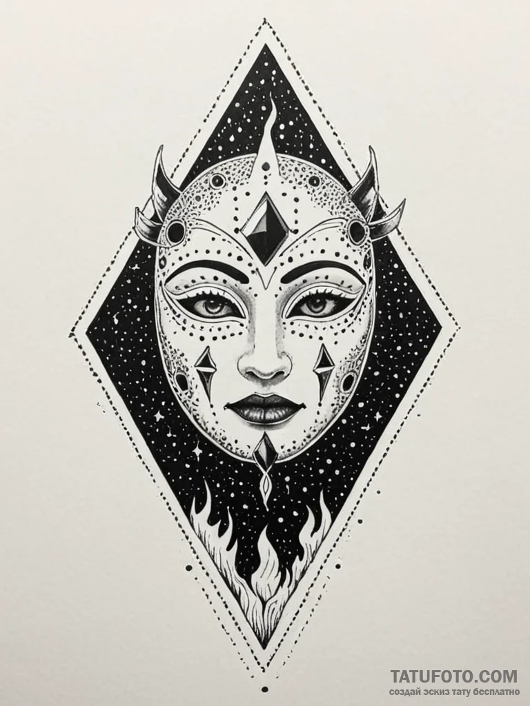 Xenolith mask beneath burning sky, artistic t... - эскиз тату (№1751596939_0, 04.07.2025 02:42) — Tatufoto.com
