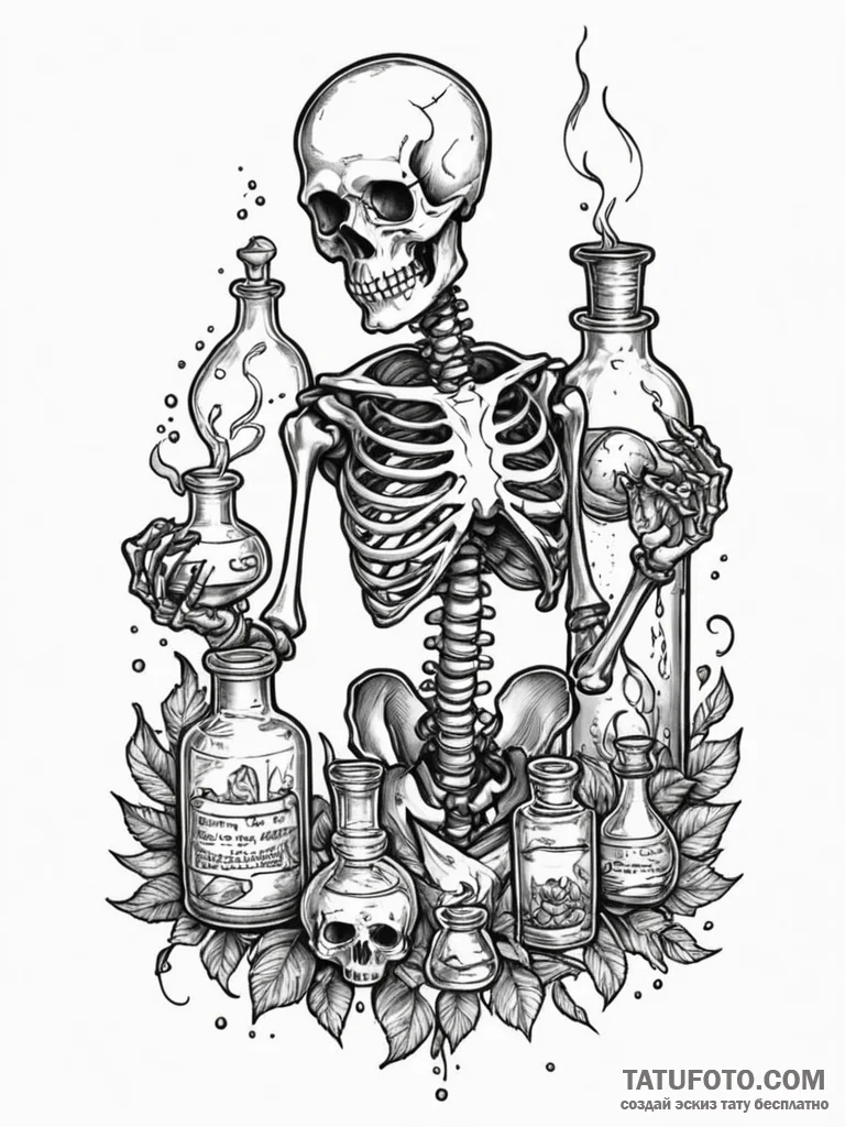 Alchemist skeleton with potion bottles, artis... - эскиз тату (№1751597204_0, 04.07.2025 02:46) — Tatufoto.com