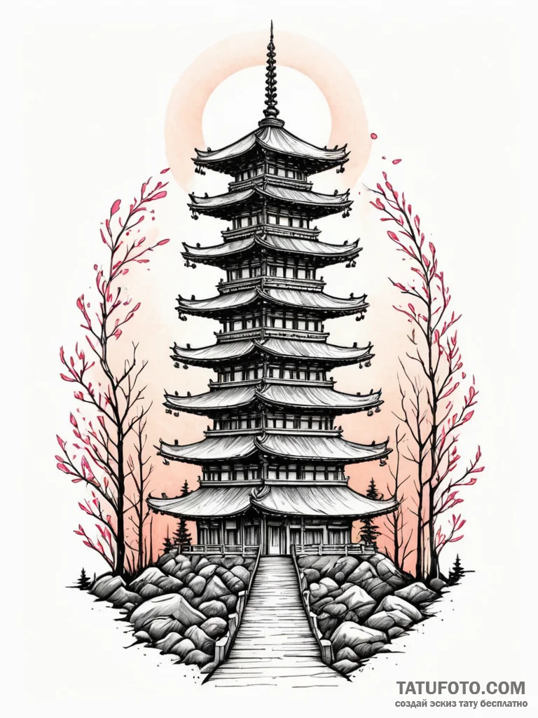 Pagoda with neon lights running up its tiers,... - эскиз тату (№1751597993_0, 04.07.2025 02:59) — Tatufoto.com