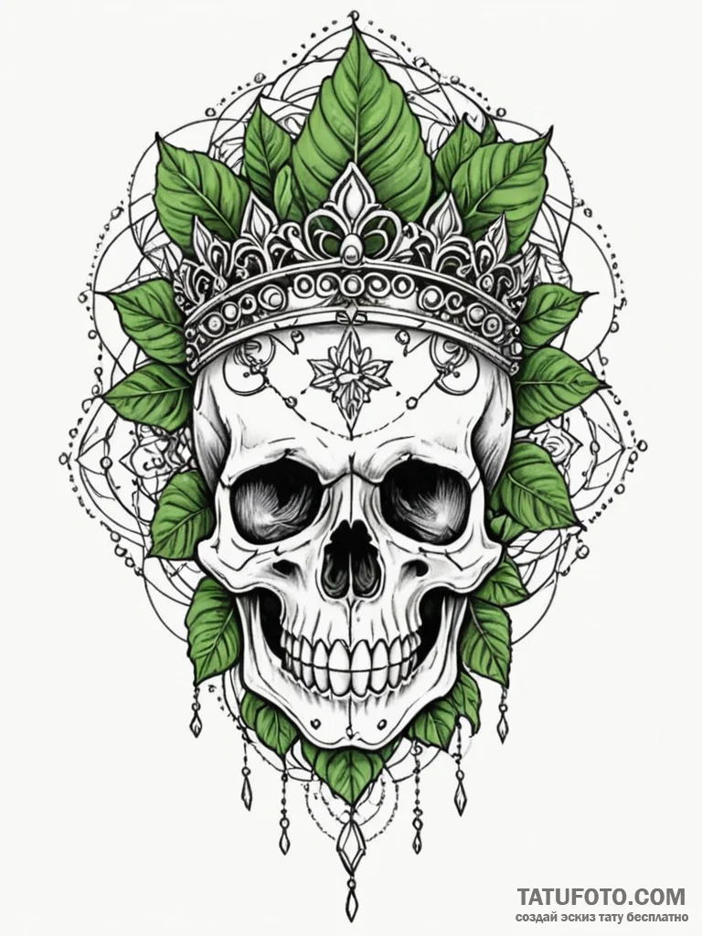 Quartz skull crowned with ivy, ink illustrati… — эскиз тату (№1751598422_0, 04.07.2025 03:07) — Tatufoto.com