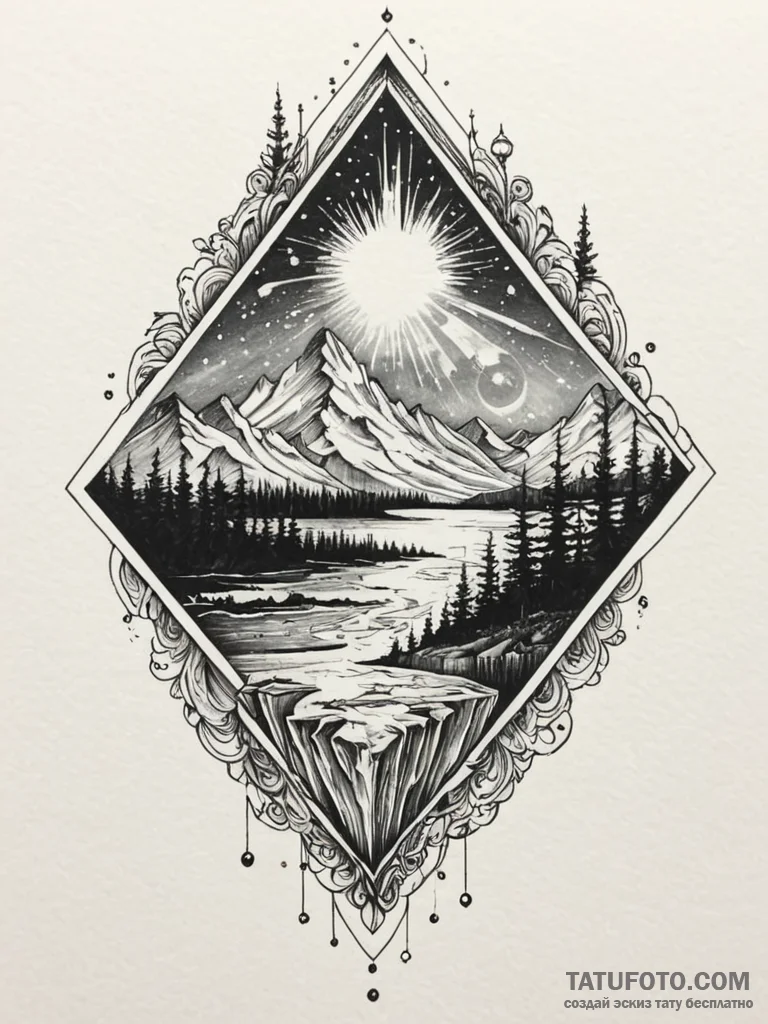 Aurora borealis captured within a clear quart... - эскиз тату (№1751598938_0, 04.07.2025 03:15) — Tatufoto.com