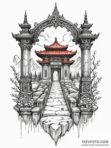 Temple gate beneath spectral rift, tattoo lin... - эскиз тату (№1751599280_0, 04.07.2025 03:21) — Tatufoto.com