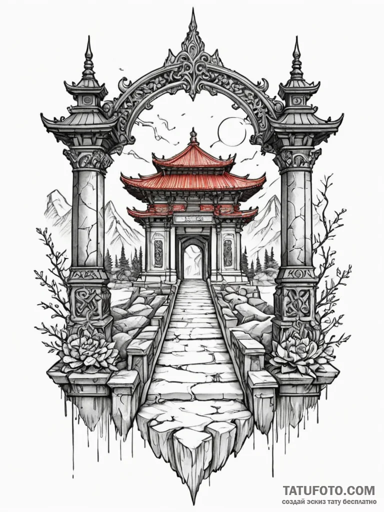 Temple gate beneath spectral rift, tattoo lin... - эскиз тату (№1751599280_0, 04.07.2025 03:21) — Tatufoto.com