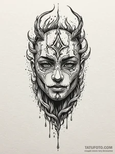Xenolith mask beneath burning sky, tattoo lin... - эскиз тату (№1751599452_0, 04.07.2025 03:24) — Tatufoto.com