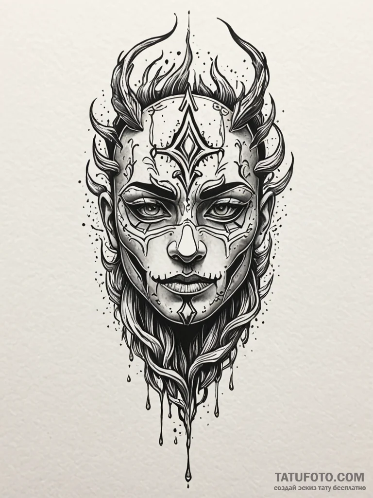 Xenolith mask beneath burning sky, tattoo lin... - эскиз тату (№1751599452_0, 04.07.2025 03:24) — Tatufoto.com