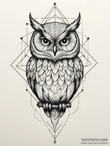 Owl gaze beneath spectral rift, tattoo flash... - эскиз тату (№1751599884_0, 04.07.2025 03:31) — Tatufoto.com