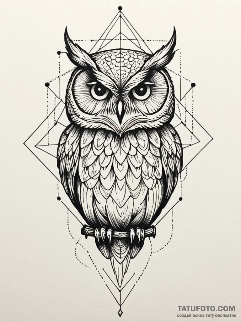 Owl gaze beneath spectral rift, tattoo flash... - эскиз тату (№1751599884_0, 04.07.2025 03:31) — Tatufoto.com