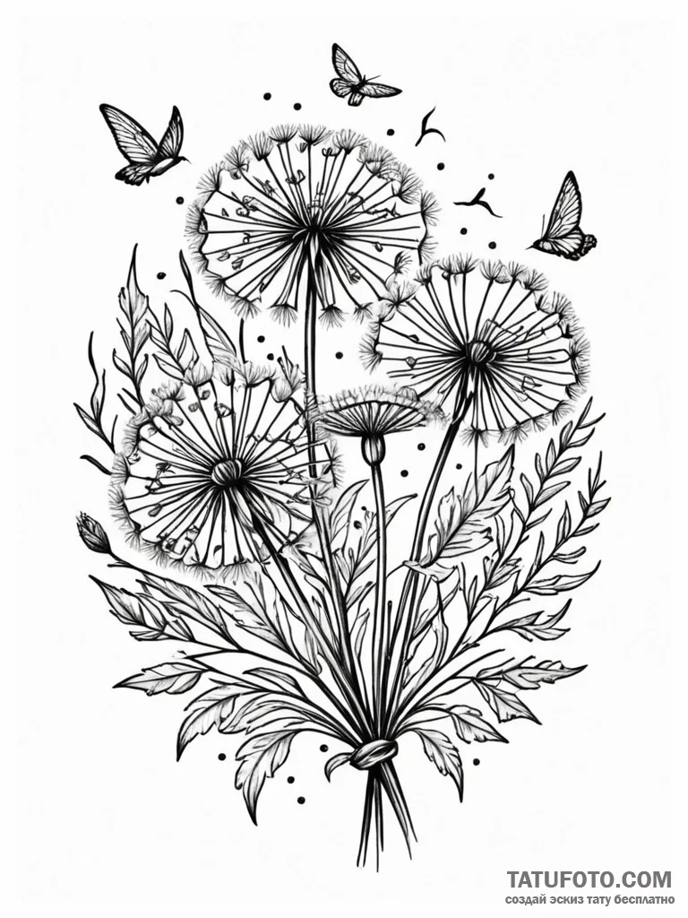 Dandelion with birds, tattoo flash sheet desi... - эскиз тату (№1751599971_0, 04.07.2025 03:32) — Tatufoto.com