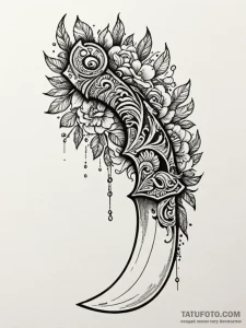 Kukri knife with an ornate, carved handle, in... - эскиз тату (№1751600663_0, 04.07.2025 03:44) — Tatufoto.com