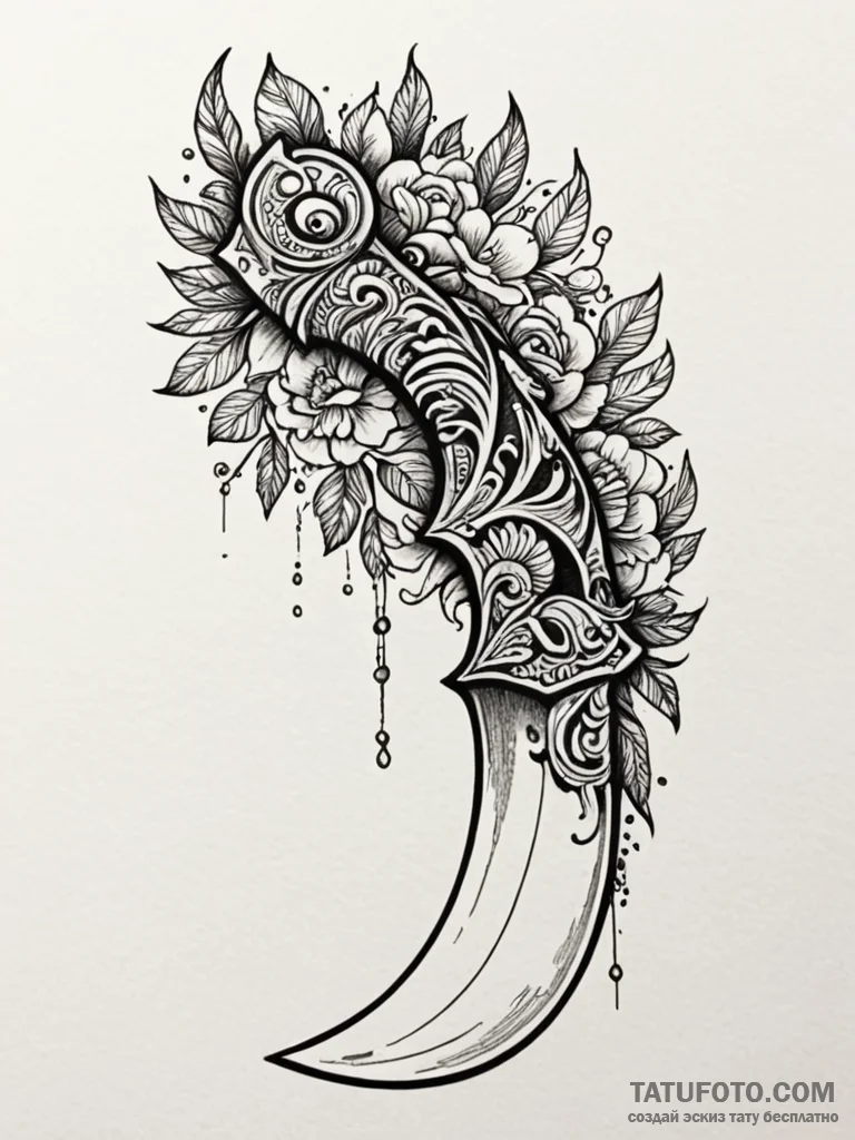 Kukri knife with an ornate, carved handle, in... - эскиз тату (№1751600663_0, 04.07.2025 03:44) — Tatufoto.com