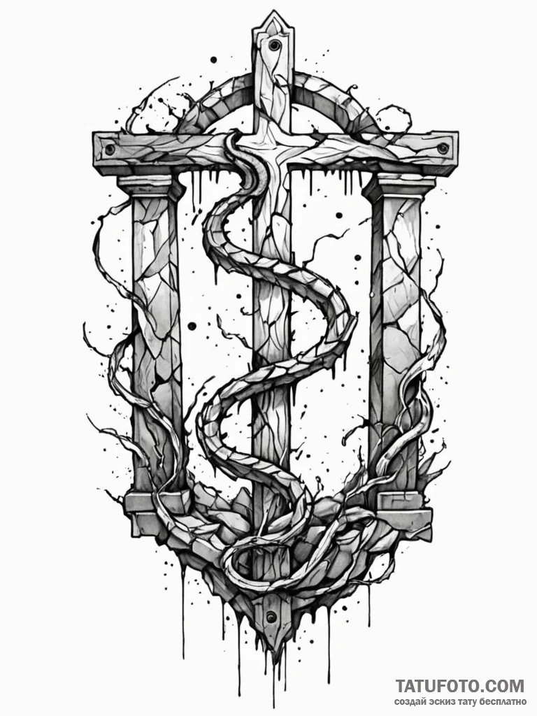 Jagged serpent beneath shattered gate, tattoo... - эскиз тату (№1751600837_0, 04.07.2025 03:47) — Tatufoto.com