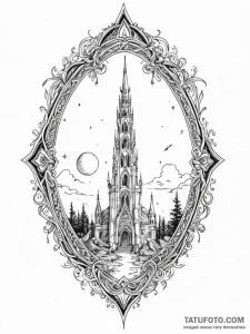 Ivory relic beneath shattered spire, ink illu... - эскиз тату (№1751601867_0, 04.07.2025 04:04) — Tatufoto.com