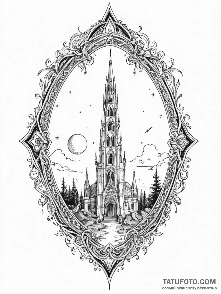 Ivory relic beneath shattered spire, ink illu... - эскиз тату (№1751601867_0, 04.07.2025 04:04) — Tatufoto.com