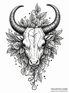 Ox horns bound with ivy, ink illustration for... - эскиз тату (№1751602814_0, 04.07.2025 04:20) — Tatufoto.com
