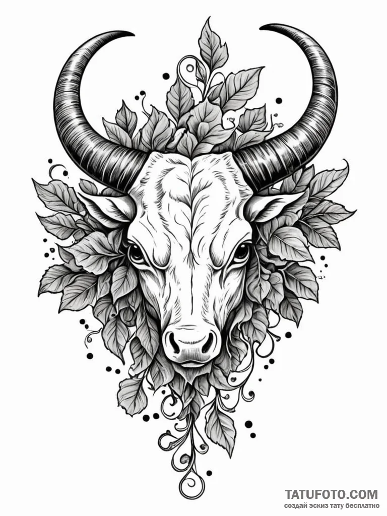 Ox horns bound with ivy, ink illustration for... - эскиз тату (№1751602814_0, 04.07.2025 04:20) — Tatufoto.com