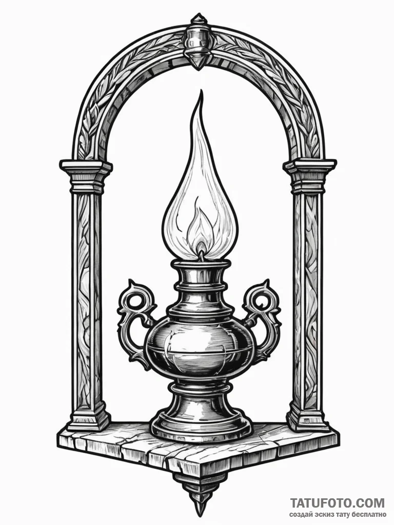 Oil lamp beneath cracked arch, artistic tatto... - эскиз тату (№1751603502_0, 04.07.2025 04:31) — Tatufoto.com