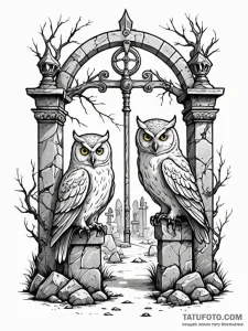 Graveyard gate guarded by two stone owls, ink... - эскиз тату (№1751603587_0, 04.07.2025 04:33) — Tatufoto.com