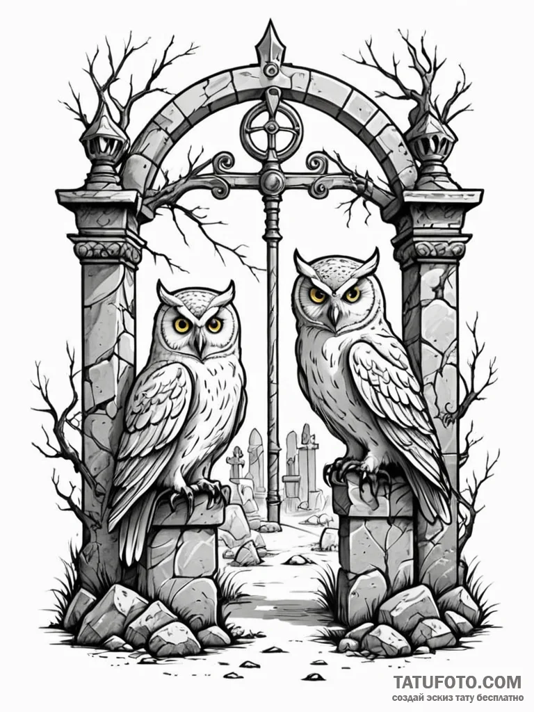 Graveyard gate guarded by two stone owls, ink... - эскиз тату (№1751603587_0, 04.07.2025 04:33) — Tatufoto.com