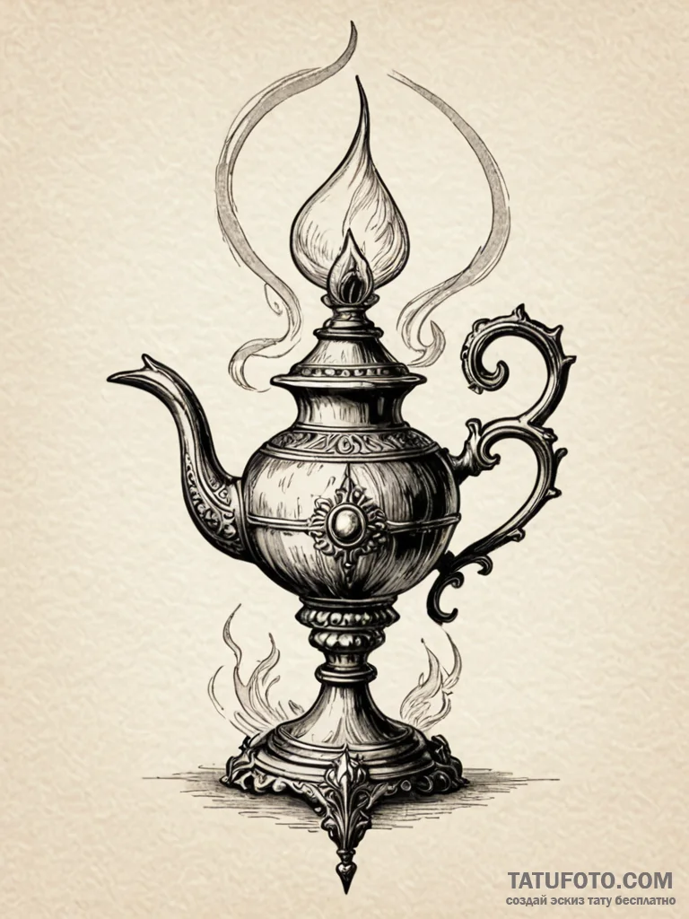 Ifrit emerging from a magic lamp, ink illustr… — эскиз тату (№1751603932_0, 04.07.2025 04:38) — Tatufoto.com
