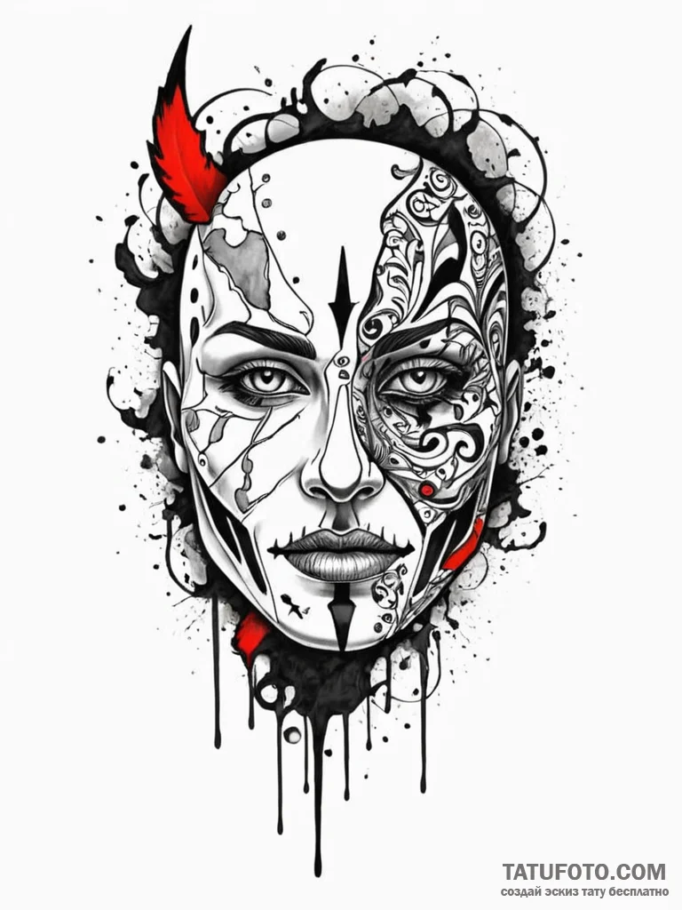 A detailed broken mask, revealed,, tattoo dra... - эскиз тату (№1751605229_0, 04.07.2025 05:00) — Tatufoto.com
