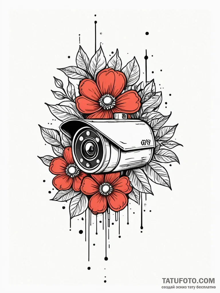 Cctv security camera with a flower growing on... - эскиз тату (№1751605315_0, 04.07.2025 05:01) — Tatufoto.com