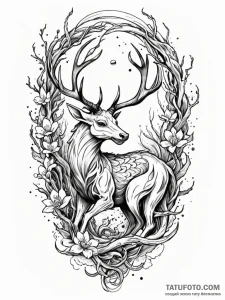 Ashen stag standing in skeletal forest, tatto... - эскиз тату (№1751605576_0, 04.07.2025 05:06) — Tatufoto.com
