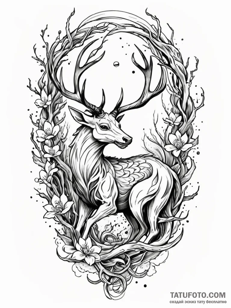 Ashen stag standing in skeletal forest, tatto… — эскиз тату (№1751605576_0, 04.07.2025 05:06) — Tatufoto.com