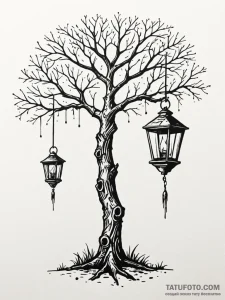 Gallows tree with a single, swinging lantern,... - эскиз тату (№1751605666_0, 04.07.2025 05:07) — Tatufoto.com