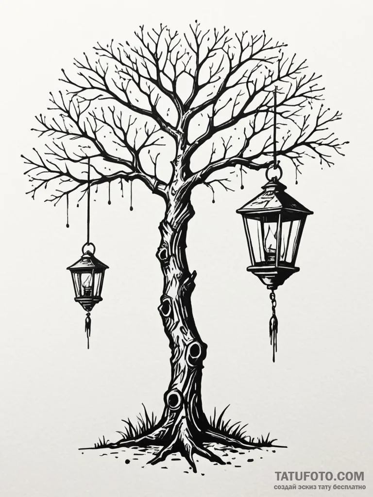Gallows tree with a single, swinging lantern,... - эскиз тату (№1751605666_0, 04.07.2025 05:07) — Tatufoto.com