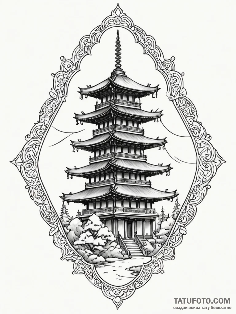 Pagoda with neon lights running up its tiers,... - эскиз тату (№1751605931_0, 04.07.2025 05:12) — Tatufoto.com