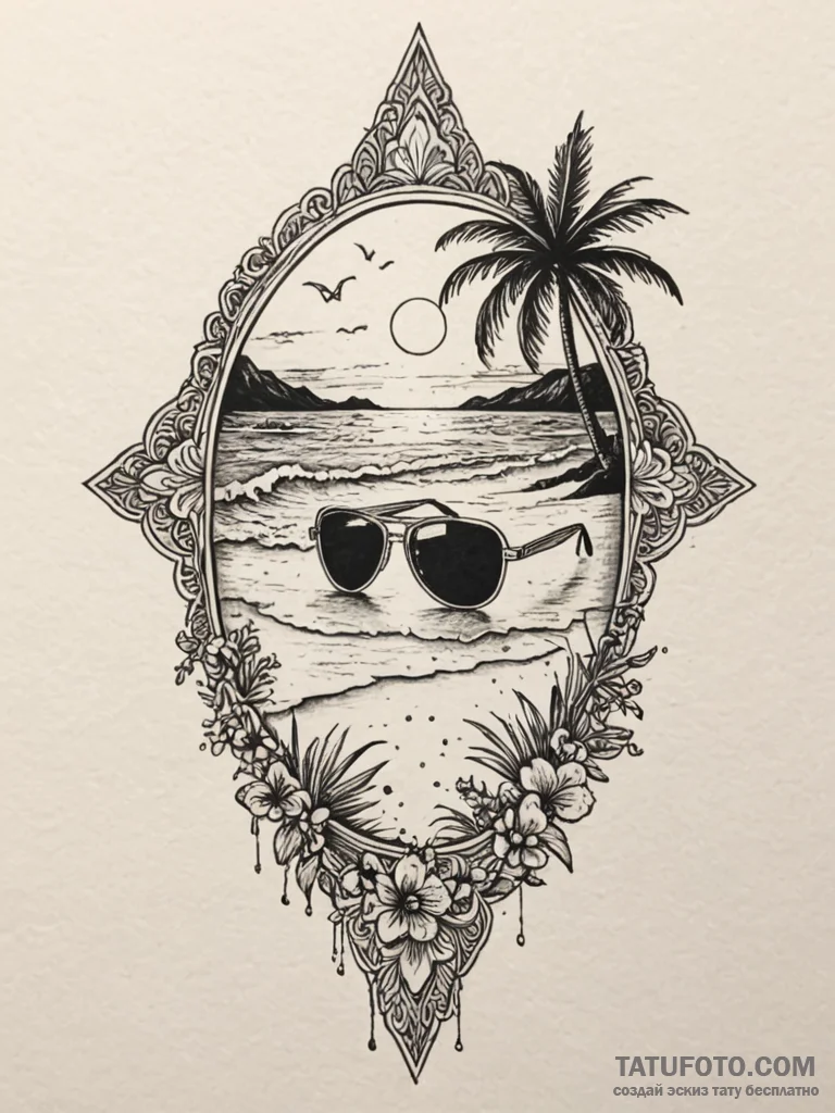 Sunglasses, reflecting a beach scene, tattoo... - эскиз тату (№1751606190_0, 04.07.2025 05:16) — Tatufoto.com