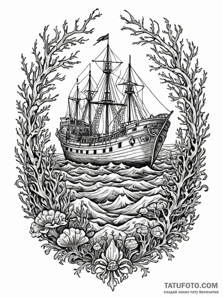 Wreck of a ship on the ocean floor, now a cor... - эскиз тату (№1751606280_0, 04.07.2025 05:18) — Tatufoto.com