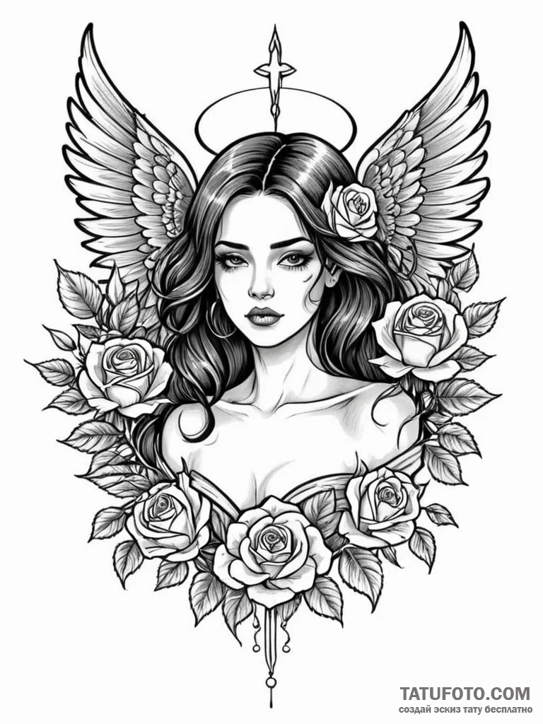 Atomic angel with cyber wings, ink illustrati... - эскиз тату (№1751606367_0, 04.07.2025 05:19) — Tatufoto.com