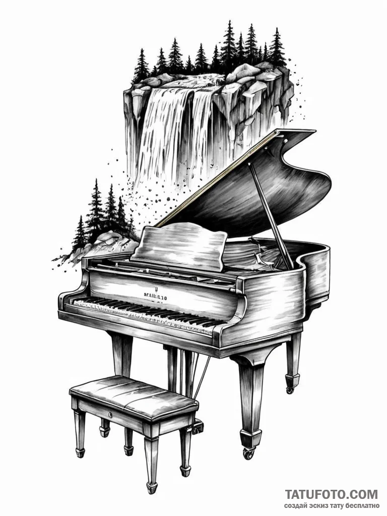 A grand piano with its keys turning into a wa... - эскиз тату (№1751606845_0, 04.07.2025 05:27) — Tatufoto.com