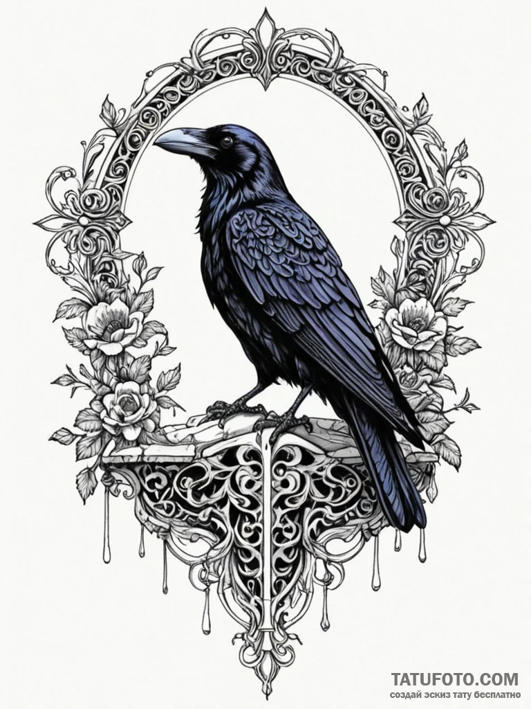 Raven perched on bone throne, artistic tattoo… — эскиз тату (№1751607457_0, 04.07.2025 05:37) — Tatufoto.com