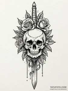 Feathered dagger beneath bone spire, ink illu... - эскиз тату (№1751607632_0, 04.07.2025 05:40) — Tatufoto.com