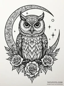 Owl perched beneath spectral moon, artistic t... - эскиз тату (№1751607806_0, 04.07.2025 05:43) — Tatufoto.com