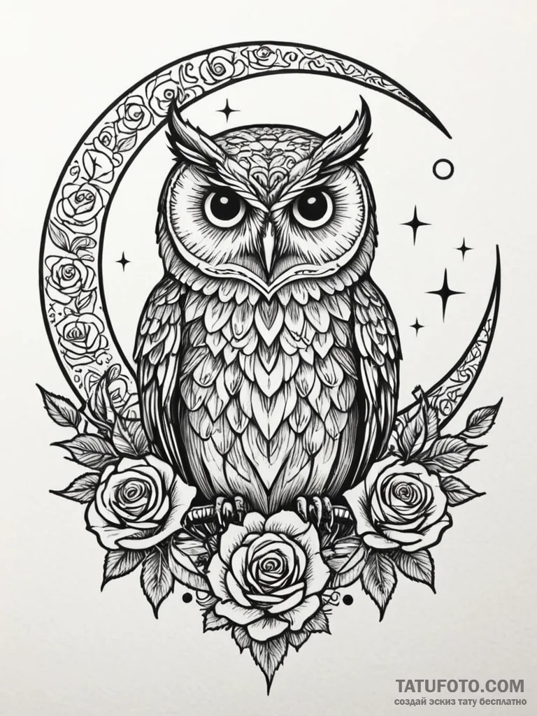 Owl perched beneath spectral moon, artistic t... - эскиз тату (№1751607806_0, 04.07.2025 05:43) — Tatufoto.com