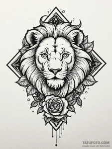Noble lion beneath burning sky, tattoo flash... - эскиз тату (№1751608151_0, 04.07.2025 05:49) — Tatufoto.com