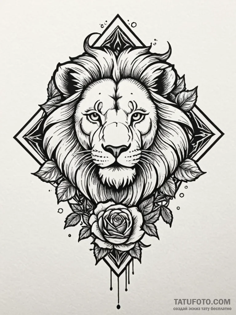 Noble lion beneath burning sky, tattoo flash... - эскиз тату (№1751608151_0, 04.07.2025 05:49) — Tatufoto.com