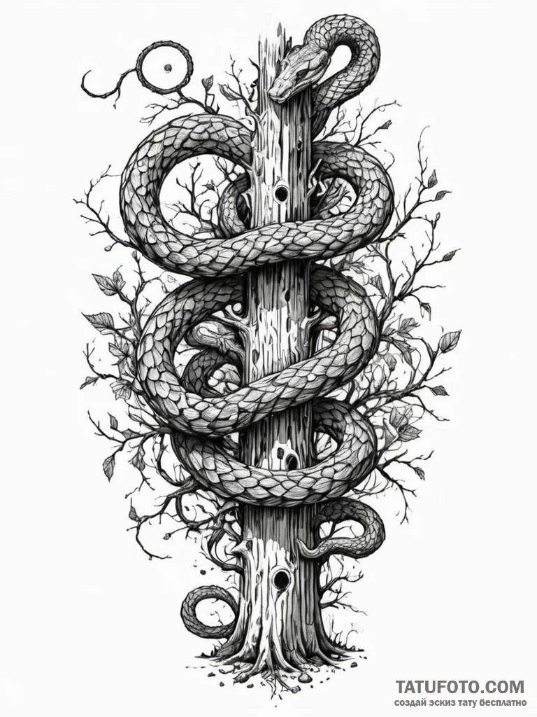 Barbed serpent coiling tree trunk, ink illust... - эскиз тату (№1751608582_0, 04.07.2025 05:56) — Tatufoto.com