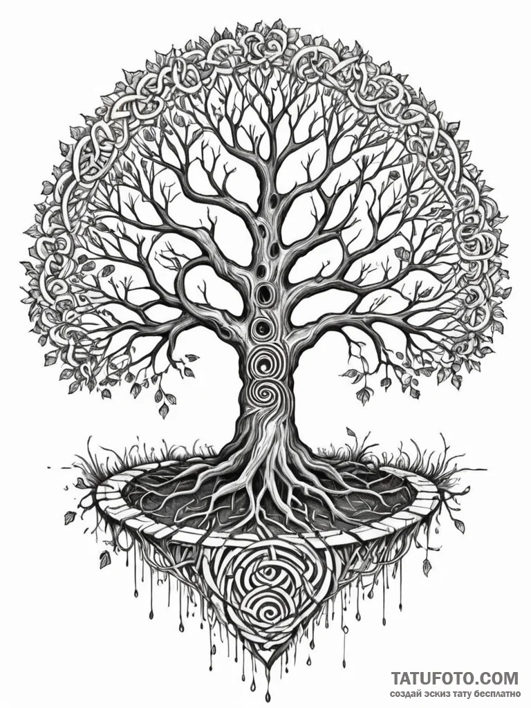 A tree with its roots exposed, forming a laby... - эскиз тату (№1751609011_0, 04.07.2025 06:03) — Tatufoto.com