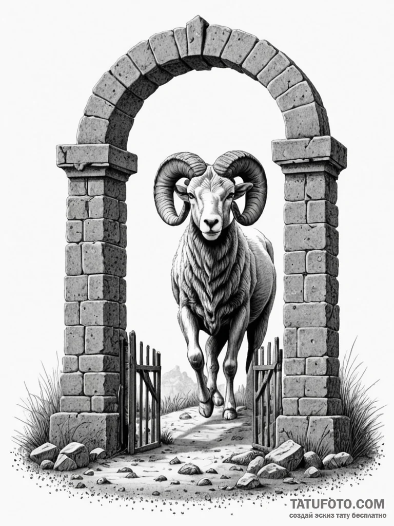 Ram (battering ram) striking a fortress gate,... - эскиз тату (№1751609097_0, 04.07.2025 06:04) — Tatufoto.com