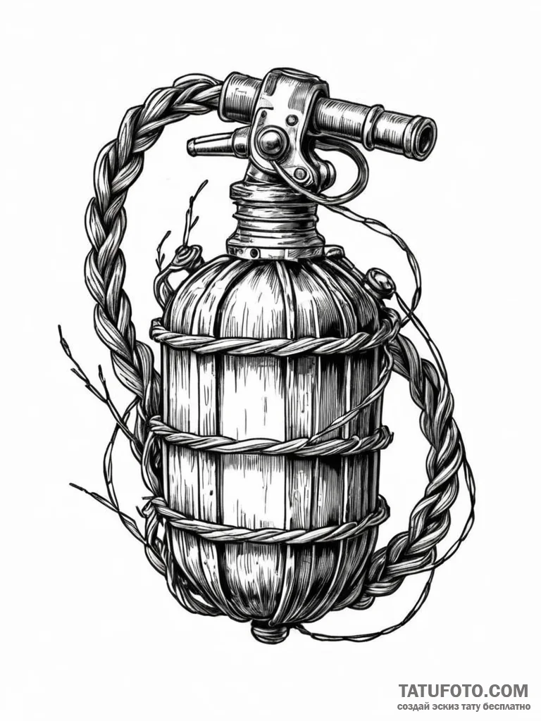 Barbed wire coiled around a grenade, ink illu... - эскиз тату (№1751609441_0, 04.07.2025 06:10) — Tatufoto.com