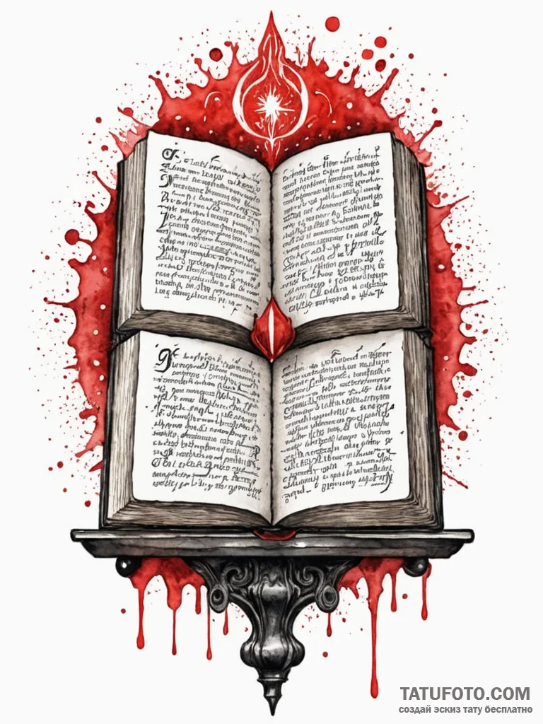 An ancient grimoire open on a lectern, pages... - эскиз тату (№1751609699_0, 04.07.2025 06:14) — Tatufoto.com
