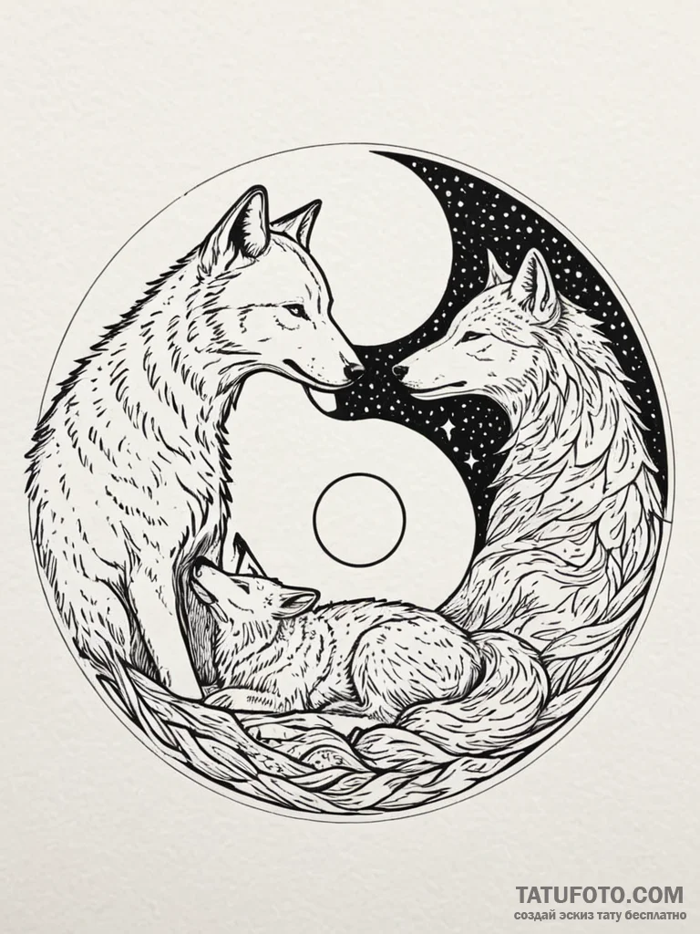 Yin-yang symbol made of a sleeping wolf and a... - эскиз тату (№1751609784_0, 04.07.2025 06:16) — Tatufoto.com