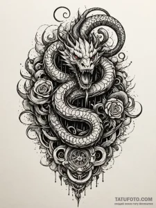 Apocalyptic serpent devouring city, tattoo fl... - эскиз тату (№1751609955_0, 04.07.2025 06:19) — Tatufoto.com