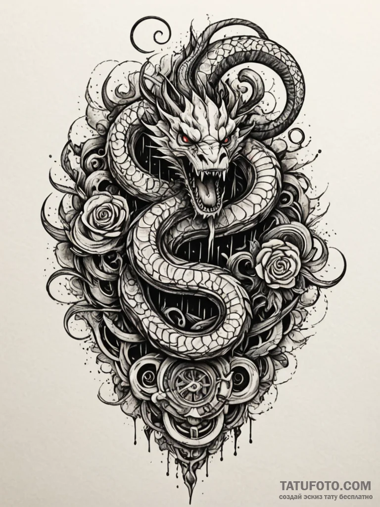 Apocalyptic serpent devouring city, tattoo fl... - эскиз тату (№1751609955_0, 04.07.2025 06:19) — Tatufoto.com